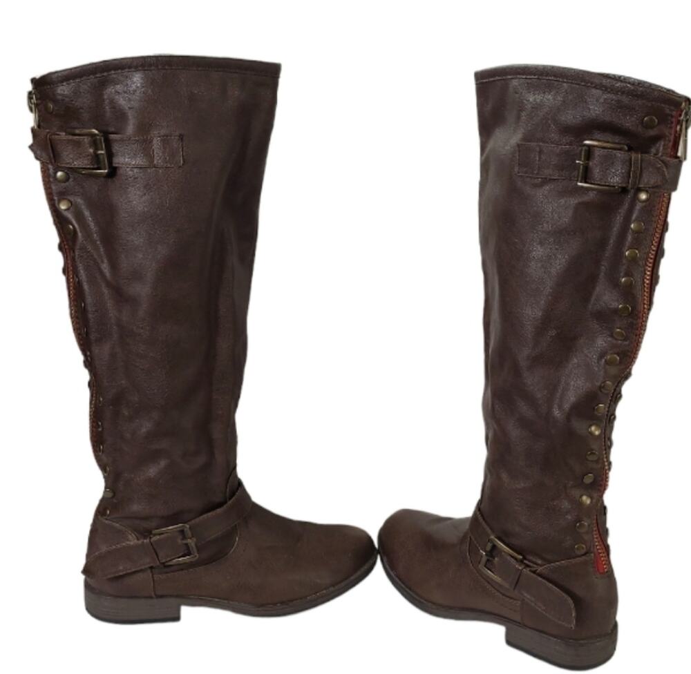 Bamboo Montage 83 SZ 6.5 Brown Studded Knee High Riding Equestrian Boots Vegan
